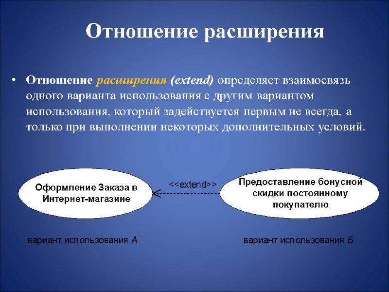 Отношение расширения  Отношение расширения (extend) определяет взаимосвязь одного варианта использования с другим вариантом